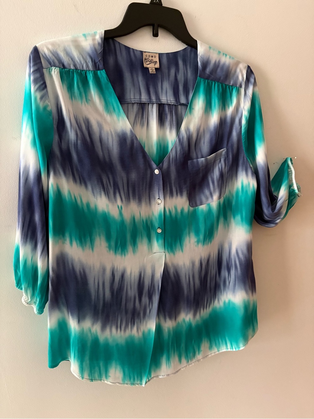 Como Vintage Teal, Navy & White Tie-Dye V-Neck Blouse/Tunic XL